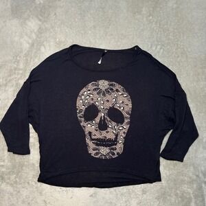 Love Culture Skull Shirt Women Sz S Lace Dolman Sleeve Embellished Mall Goth Y2K